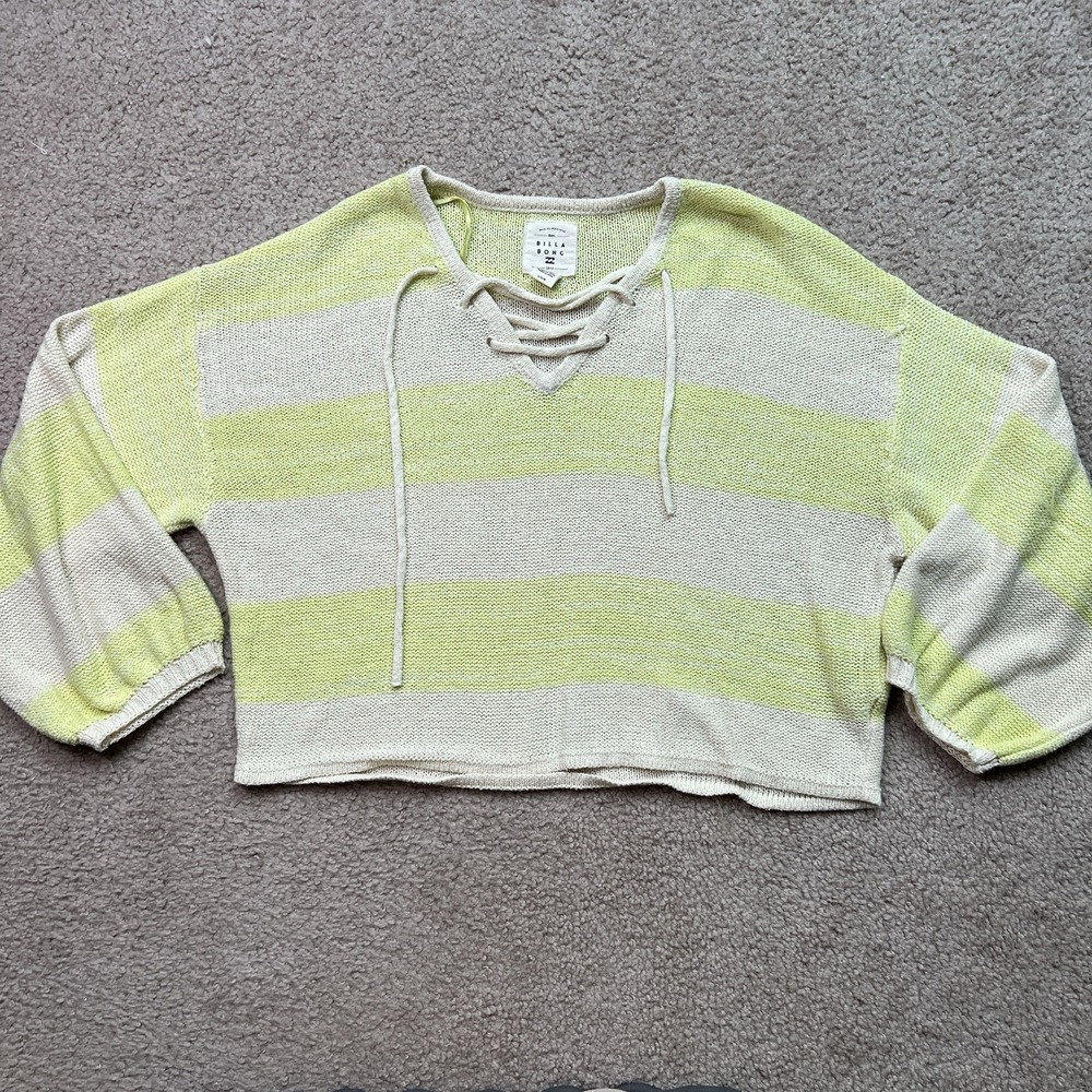 Billabong Lace-Up Striped Cropped Sweater L Yellow Cream Cotton Blend Surf Style